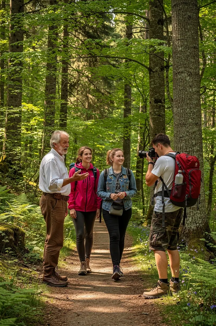 Turista na horskej lúke pri vyhliadke, oblečený v turistickom vybavení, sledujúci prírodnú scenériu.